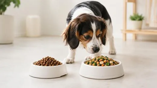 Dos platos comparando comida natural cocida para perros con croqueta seca