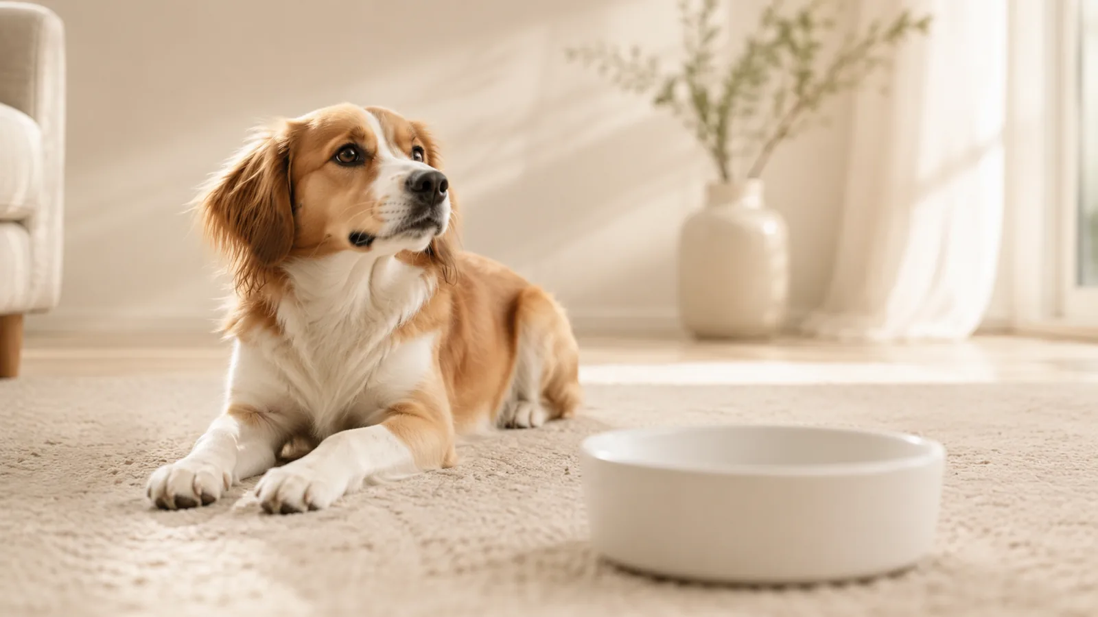 Perro descansando tranquilo junto a su plato vacío en casa