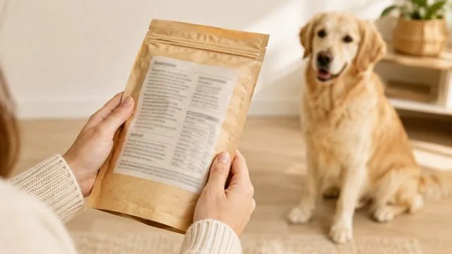 Manos revisando la lista de ingredientes en una funda de comida para perros