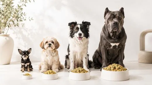 Ración de comida natural cocida servida en el plato de un perro