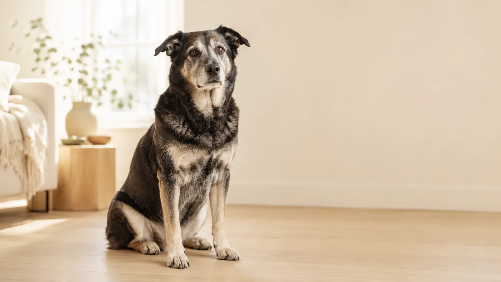 Perro senior de hocico canoso, sentado y en buena condición corporal