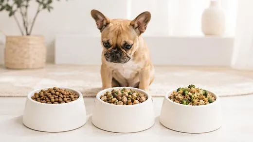 Perro comiendo comida natural cocida durante la transición de alimento