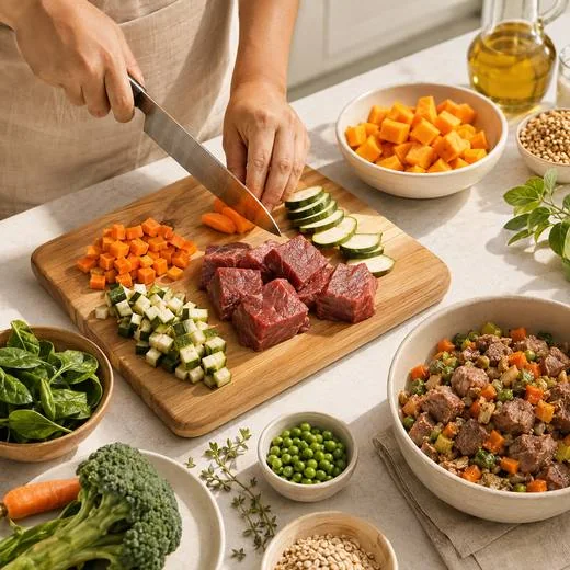 Preparación de comida natural cocida para perros en la cocina de CorsoDogs en Guayaquil