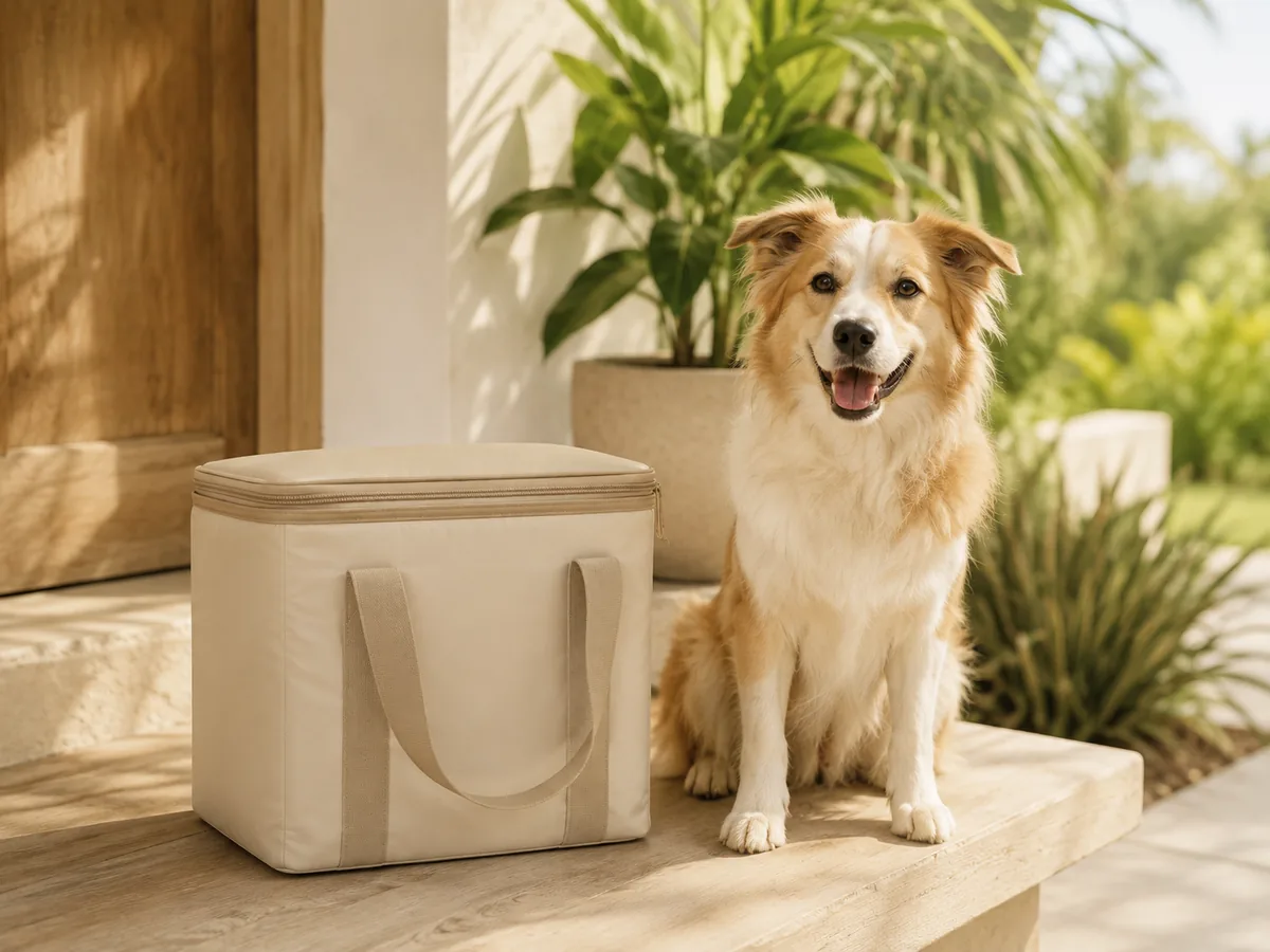 Bolsa isotérmica de entrega junto a un perro en una casa de Vía a la Costa