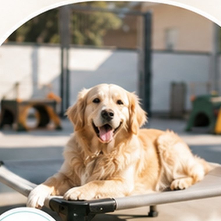 Golden retriever descansando en una camilla de un hotel canino