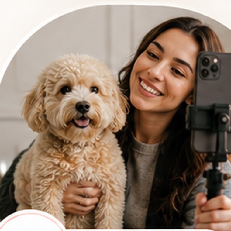 Creadora de contenido grabando un video con su perro caniche
