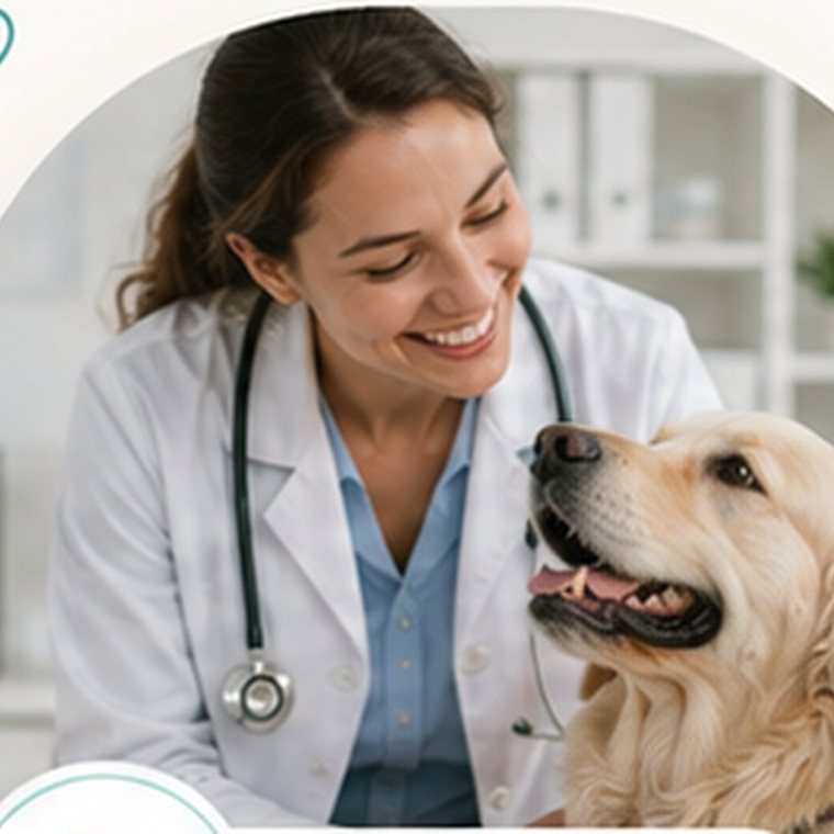 Veterinaria atendiendo a un perro golden retriever en consulta